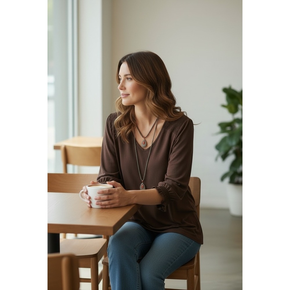 Adrianna Papell Women Brown Smocked Sleeve V-Neck Blouse Top 1X Career Capsule - Picture 9 of 16